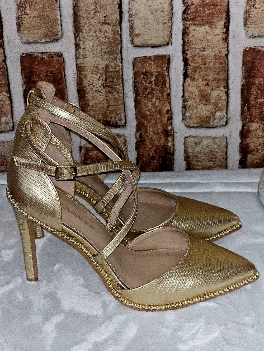 GENERATION Y Metallic Gold Strappy Pointed-Toe High Heels